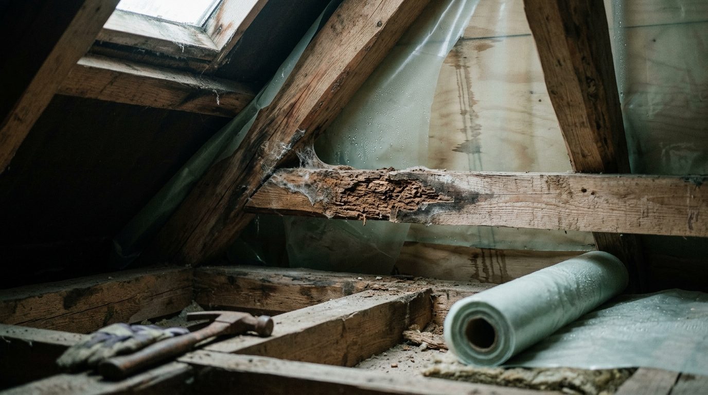 Illustrationsfoto til guiden: Råd og fugt i spær og bjælkelag: tegn, årsager og hvornår du skal handle
